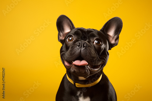 Black french bulldog portrait on Yellow Background. Closeup animal photography style. Design for frame, poster, wallpaper, print, banner, greeting card. Front view