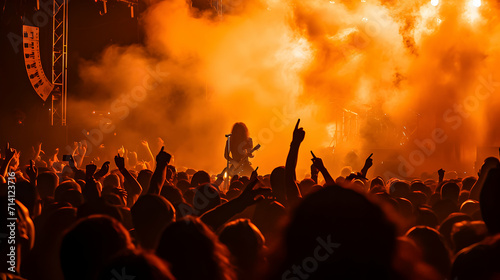  A sea of fans making the sign of the horns at a live concert with dramatic fire effects on stage