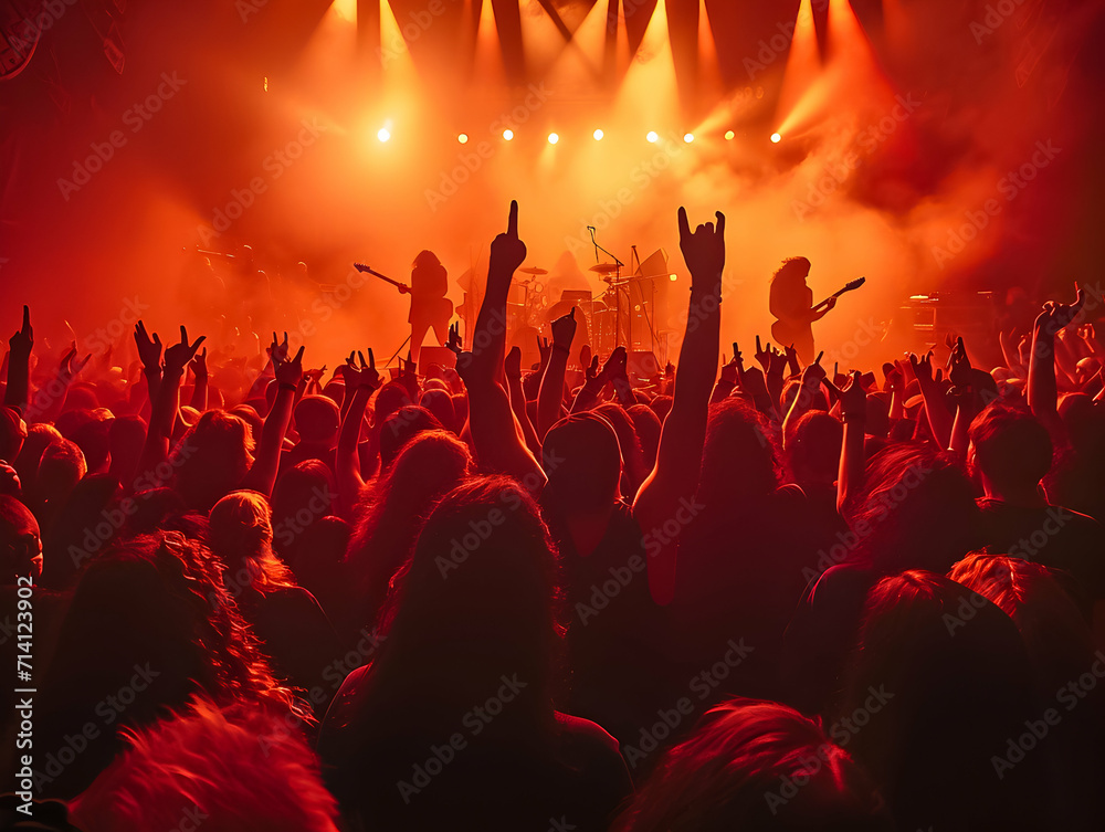 High-energy music concert with audience members making the rock and roll sign, immersed in a vibrant, illuminated atmosphere.
High-energy music concert with audience members making the rock and roll sign, immersed in a vibrant, illuminated atmosphere.