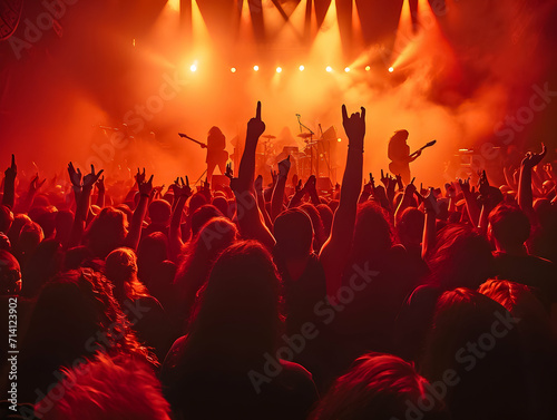 High-energy music concert with audience members making the rock and roll sign, immersed in a vibrant, illuminated atmosphere.
 photo