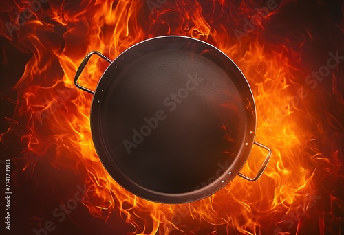 Fiery culinary passion: a black frying pan engulfed in flames, illustrating the heat of the kitchen art
