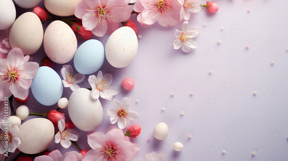 Easter party concept. Top view photo of easter eggs with flowers white pink blue and yellow eggs on isolated pastel background with copy space, banner, greeting card