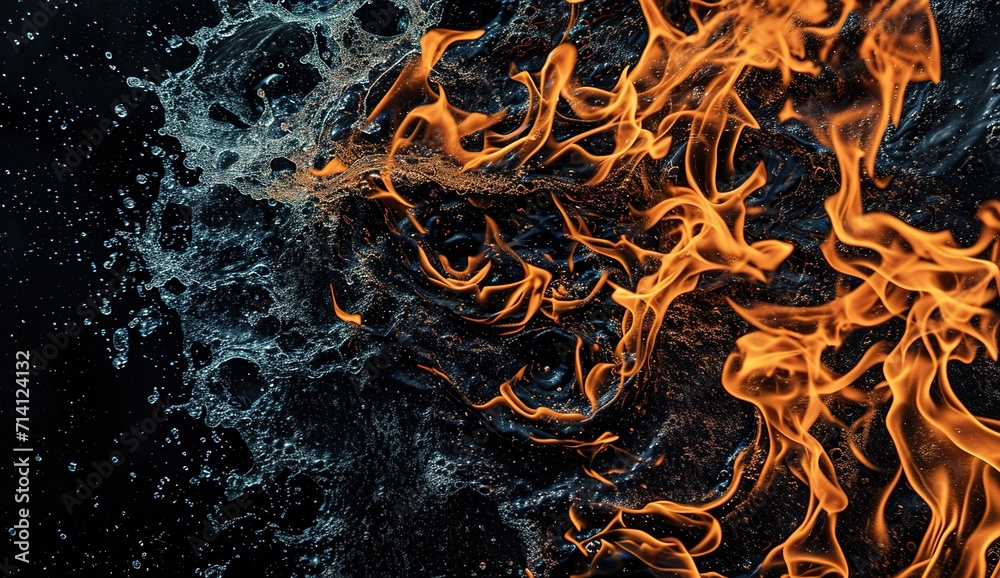 Dance of the Elements: A vibrant display of fiery orange and cool blue flames, illustrating the eternal struggle and harmony between fire and water - obrazy, fototapety, plakaty 