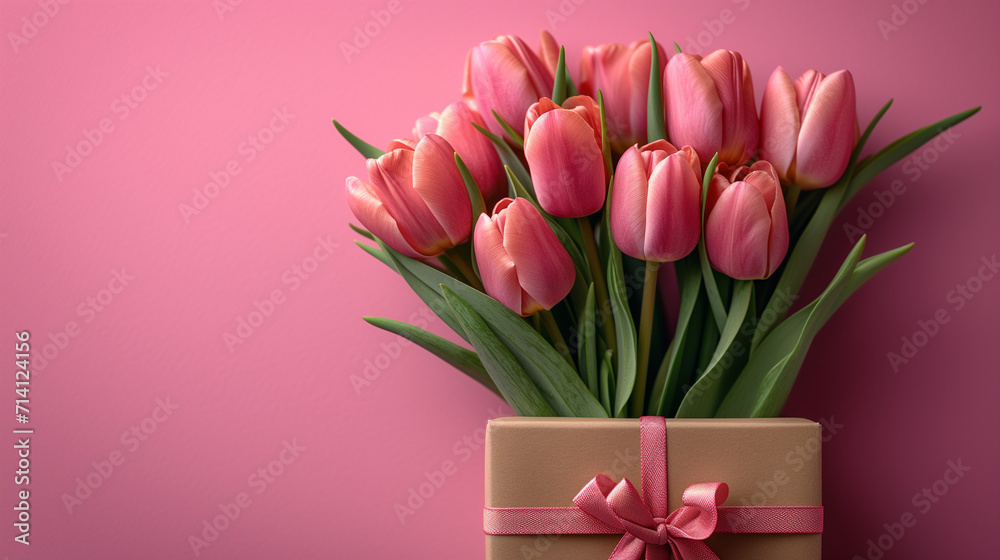 Fototapeta premium Mother's Day or valentine romantic concept. Top view photo giftbox with ribbon bouquet of tulips on pink background with copy space Ai generated