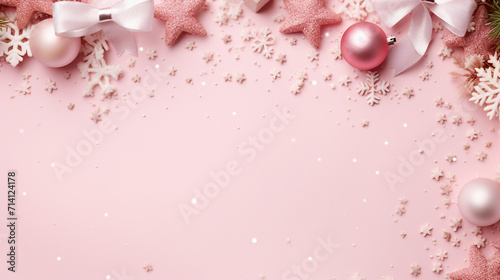 Magical Winter Celebration: Decorated Present Boxes and Stylish Baubles on Snow with Copy Space - Traditional Holiday Concept in Top View Photo on Light Pink Background.