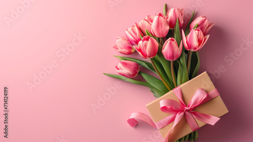 Mother's Day or valentine romantic concept. Top view photo giftbox with ribbon bouquet of tulips on pink background with copy space Ai generated © Lathd