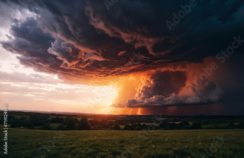 epic landscape with dark huge clouds and orange lightning