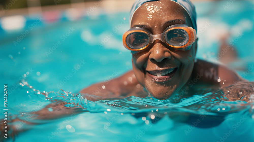 Mature black woman swimming breaststroke in a swimming pool to keep fit, health and wellness in seniors concept - obrazy, fototapety, plakaty 