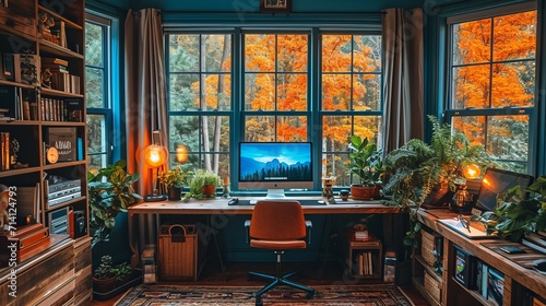 Home office remote work, office setup with computer and nice brigth view  photo