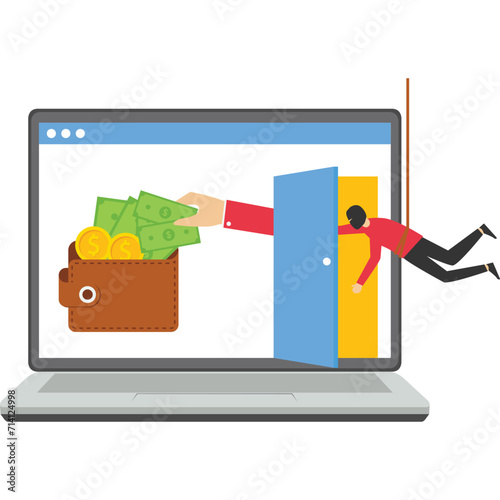 Computer hacker stealing money online, crime with burglar cracking internet, thief grabing wallet, computer hacker, Vector illustration design concept in flat style

