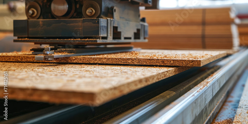 CNC Machine Cutting Chipboard Close-Up. Close-up view of a CNC machine in action, precisely cutting through layers of chipboard, with wood shavings detailing the process.