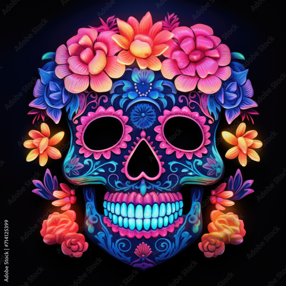 Colorful skull with neon lights and flowers