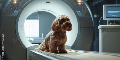Black Dog Awaiting MRI Scan in Modern Veterinary Clinic. Puppy sits patiently on the examination table of veterinary clinic with MRI equipment in the background. photo
