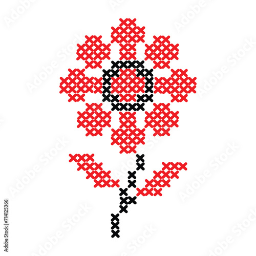 Black and red cross stitch embroidery design, vector illustration.