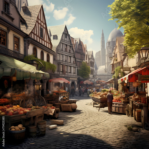 Old-fashioned street market with cobblestone stree t photo