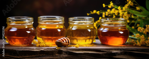 Rustic glass jars filled with fresh bee honey.