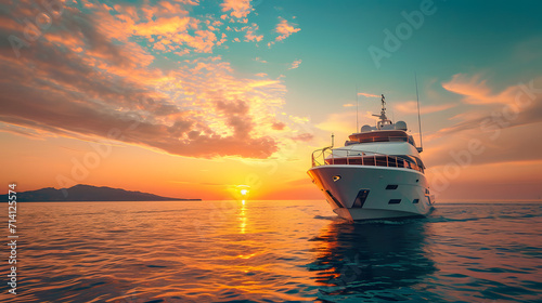 A luxurious yacht sailing on a calm sea at sunset. © Tom