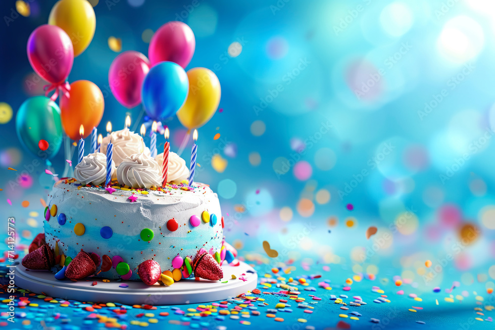 Birthday background with birthday cake with candles and colorful balloon