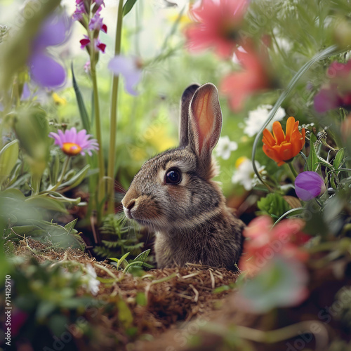 An Easter Bunny enjoys the serenity of nature's springtime beauty outside his burrow