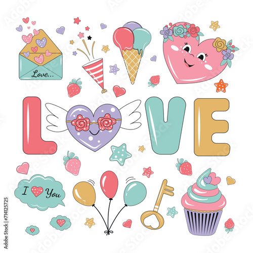 A set of elements of a declaration of love. Love, wedding, holiday, Valentine's Day. Vector design.