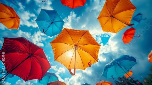 colorful umbrellas floating against a vibrant sky, symbolizing imagination and creativity