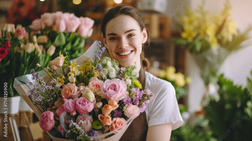 Fototapeta premium young woman, full of life, holding a vibrant flower bouquet, reflecting creativity, kindness, and love.