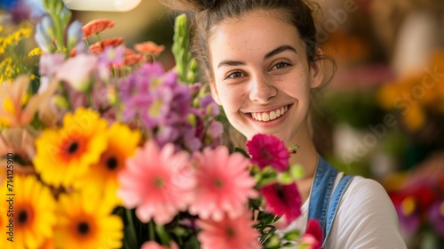 In the world of floristry, a vibrant young woman blooms with happiness, holding a stunning flower bouquet © Infini Craft