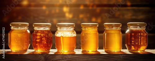 Rustic glass jars filled with fresh bee honey.