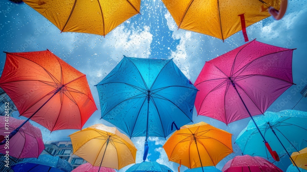 colorful umbrellas floating against a vibrant sky, symbolizing imagination and creativity