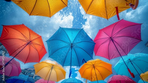 colorful umbrellas floating against a vibrant sky  symbolizing imagination and creativity