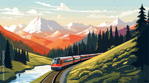 scenic beauty of train routes in a vector scene featuring trains winding through picturesque landscapes mountains and valleys .simple isolated line styled vector illustration