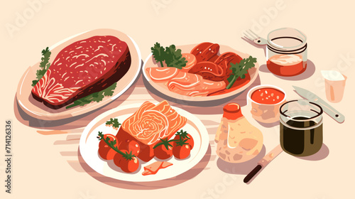 nostalgia and comfort associated with meat in a vector art piece showcasing scenes of home-cooked meals family gatherings and the timeless appeal of traditional meat dishes .simple isolated line