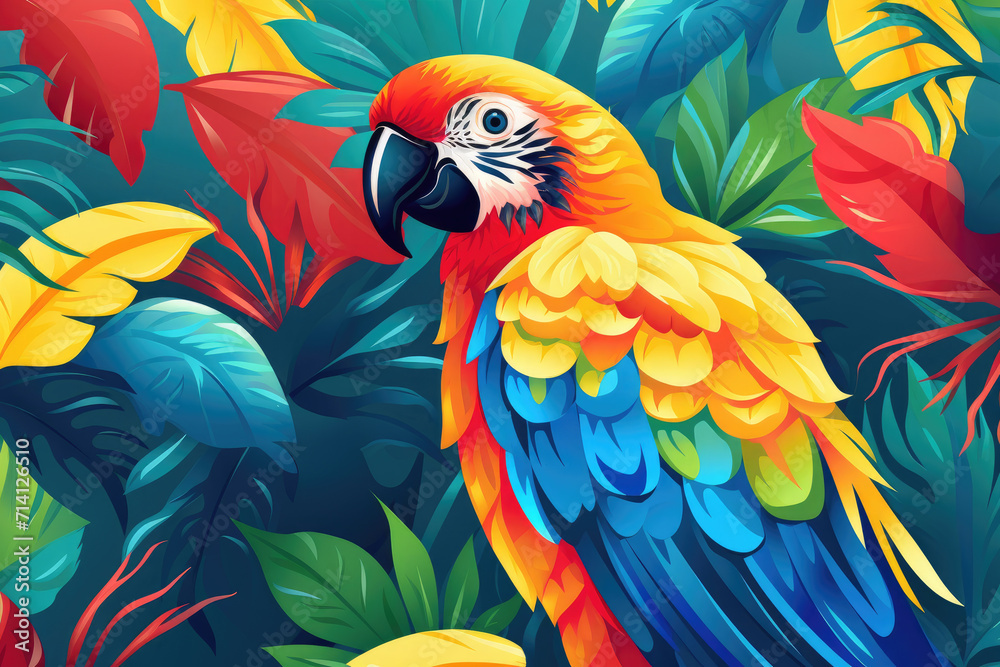 Fototapeta premium Colorful tropical leaves background, quetzal bird wallpaper