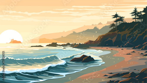 sense of tranquility and escape associated with the sea in a vector scene featuring secluded coves gently lapping waves and stretches of untouched coastline .simple isolated line styled vector