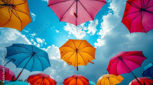 colorful umbrellas floating against a vibrant sky, symbolizing imagination and creativity