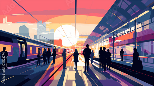 bustling scenes of railway stations in a vector art piece showcasing passengers navigating platforms boarding trains and the lively atmosphere that characterizes transportation hubs .simple isolated photo