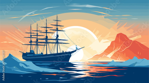 Convey the adventurous spirit of exploration through a vector art piece showcasing ships navigating through uncharted waters discovering new horizons and the thrill of maritime expeditions .simple