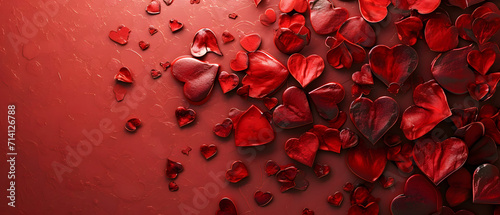 A vibrant display of love and passion, as a cluster of crimson hearts adorn a scarlet background on valentine's day photo