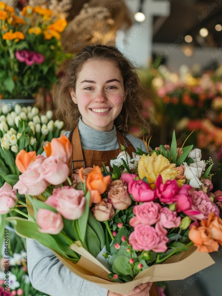 A cheerful young girl, a talented florist, holding a vibrant flower bouquet, spreading love and creativity