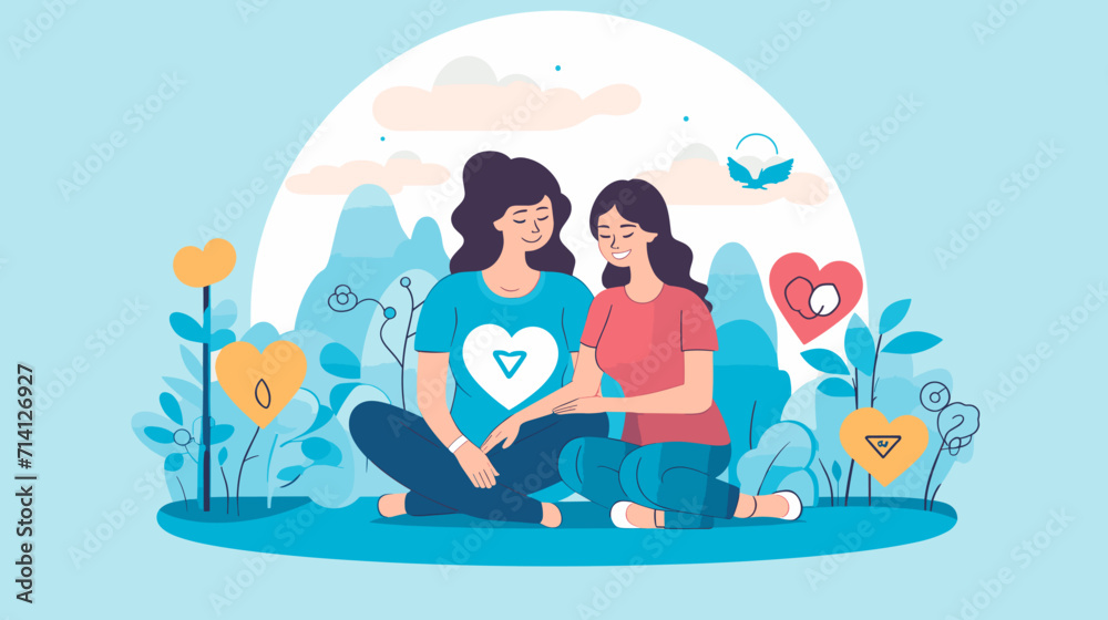 Convey the emotional support and care provided on World Cancer Day in a vector art piece showcasing scenes of healthcare professionals caregivers and individuals offering emotional support to those