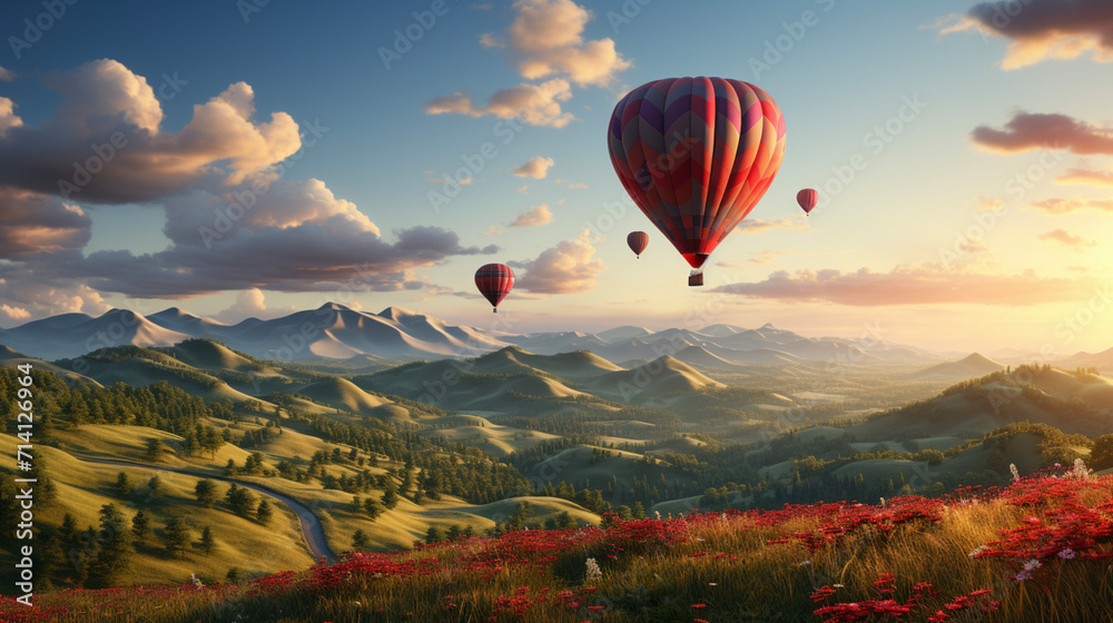 Red hot air balloon in shape of heart is landing