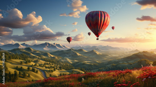 Red hot air balloon in shape of heart is landing