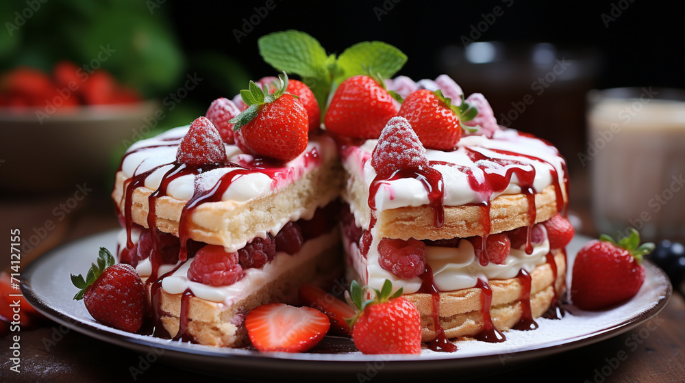 selective focus Strawberry pie garnished with fre selective focus Strawberry pie garnished with fre