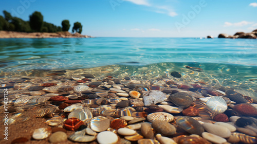 Sea stones on sand summer beach background