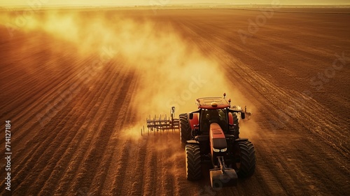 Tractor action in a dust-filled farm field. Agriculture in motion
