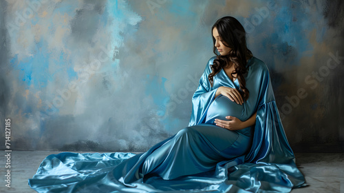 Beautiful pregnant girl with a round belly is expecting a baby in a blue silk dress