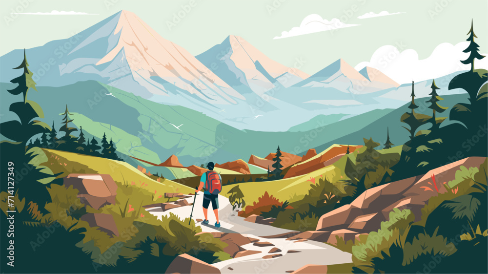 Convey the sense of exploration and discovery in a vector scene featuring hikers exploring uncharted paths crossing meandering streams and ascending to new heights .simple isolated line styled - obrazy, fototapety, plakaty 