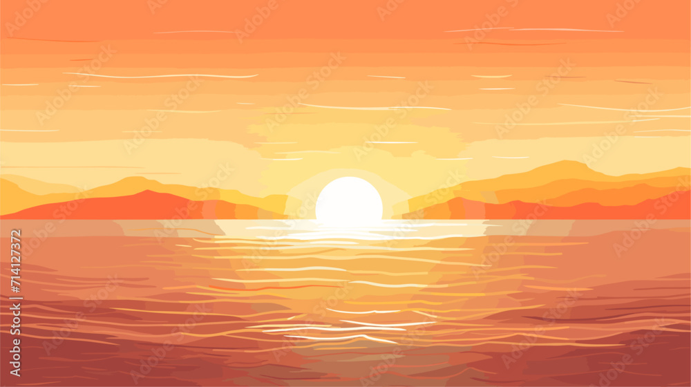 Convey the mystique of sunrise and sunset over the sea in a vector art piece showcasing scenes of the sun casting warm hues across the horizon reflecting on the water's surface .simple isolated line
