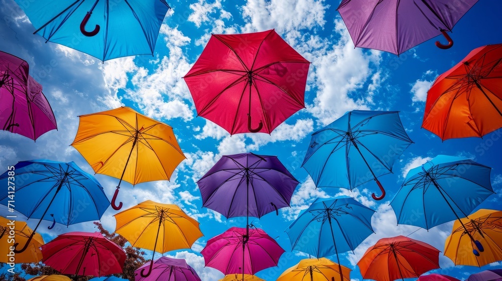 colorful umbrellas floating against a vibrant sky, symbolizing imagination and creativity - obrazy, fototapety, plakaty 