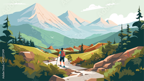 Convey the sense of exploration and discovery in a vector scene featuring hikers exploring uncharted paths crossing meandering streams and ascending to new heights .simple isolated line styled